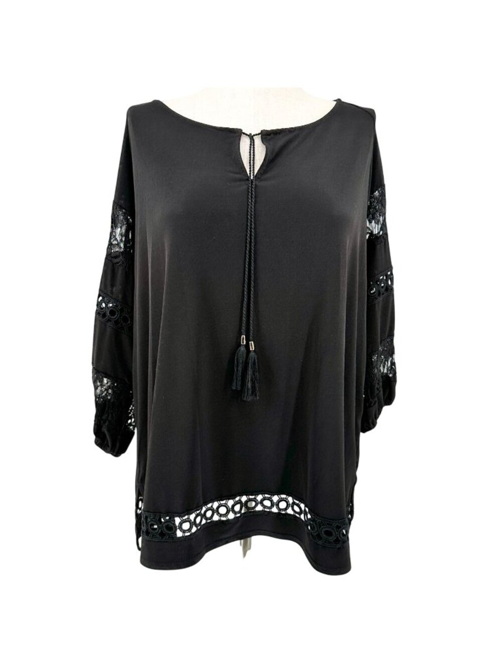 Jones Studio Tunic Top Womens 2X Black Lace Sleeves Accents Tassel Tie Neckline